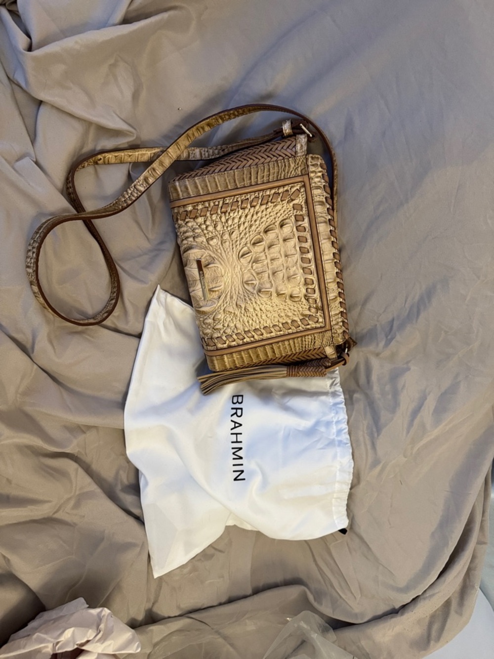 Brahmin Tan Croc-Embossed Crossbody with Tassel Accent